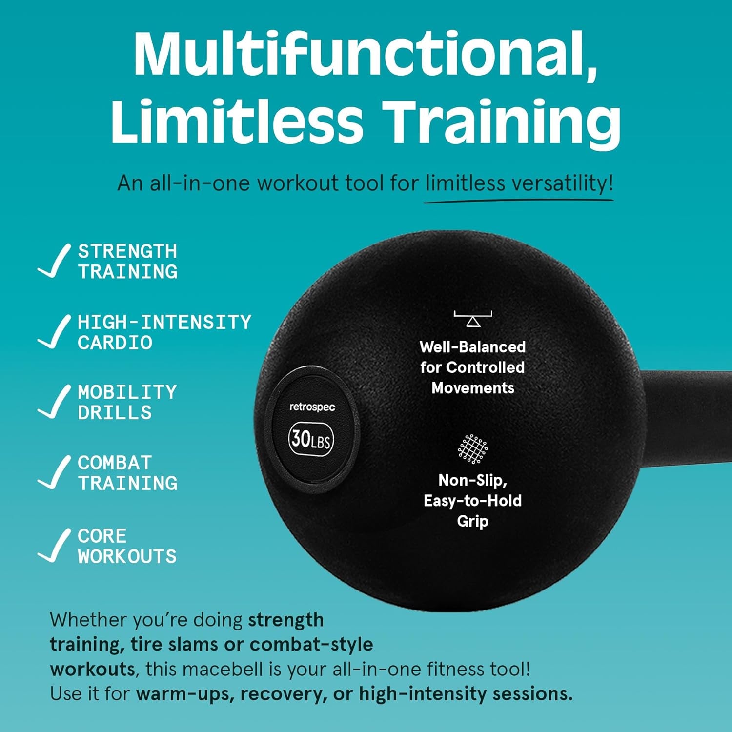 Revolve Steel Macebell for Strength Training, Rehabilitation, Stretching, Conditioning, and Rotational Training - Available in 5, 7, 10, 15, 20, and 30 lb Options for All Genders