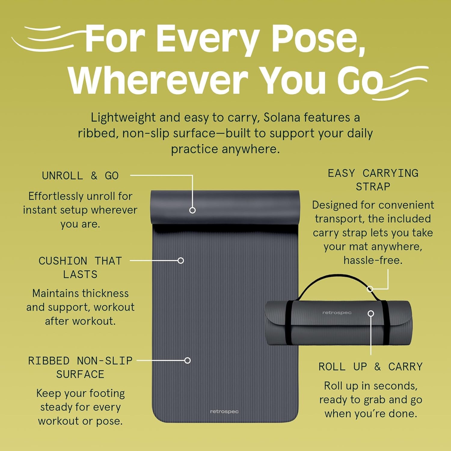 Solana 1/2" Thick Non-Slip Yoga Mat with Nylon Strap for Men and Women - Ideal for Yoga, Pilates, Stretching, and Fitness Workouts