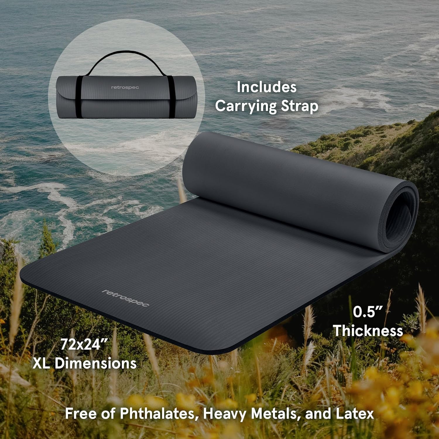 Solana 1/2" Thick Non-Slip Yoga Mat with Nylon Strap for Men and Women - Ideal for Yoga, Pilates, Stretching, and Fitness Workouts